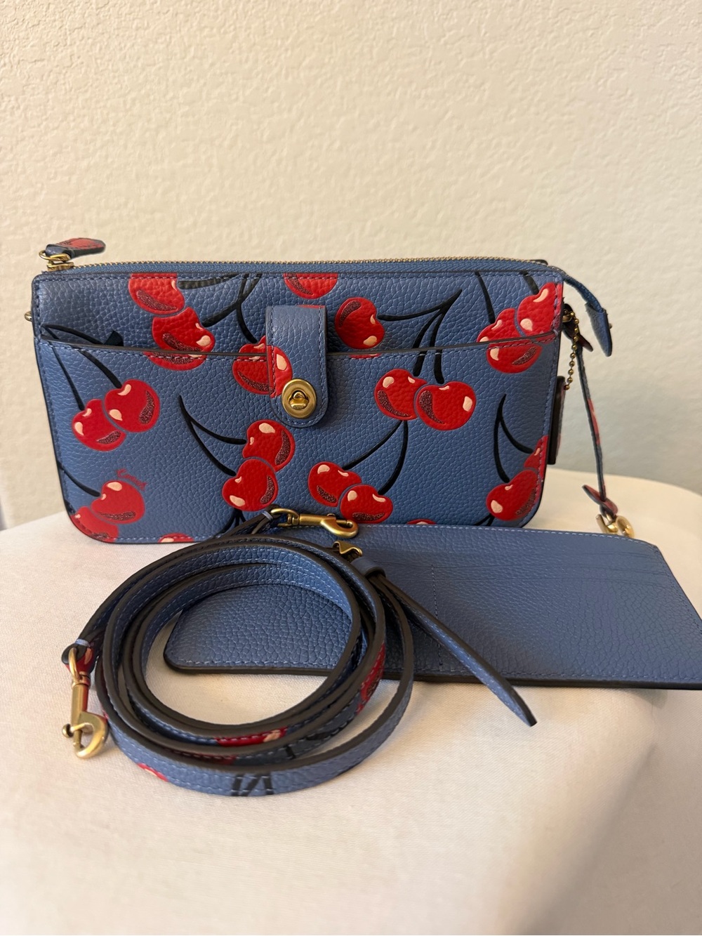 Coach Blue Cherry Print Leather Crossbody Wallet